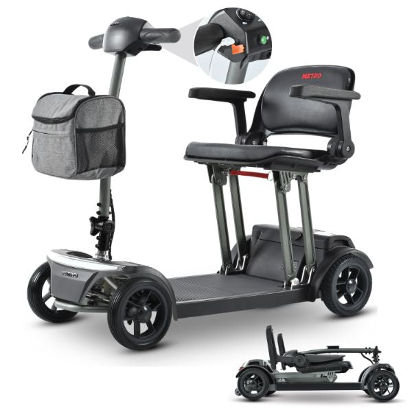 Metro Mobility Air Traveller 2 4-Wheel Mobility Scooter Showing the USB port and  when Folded