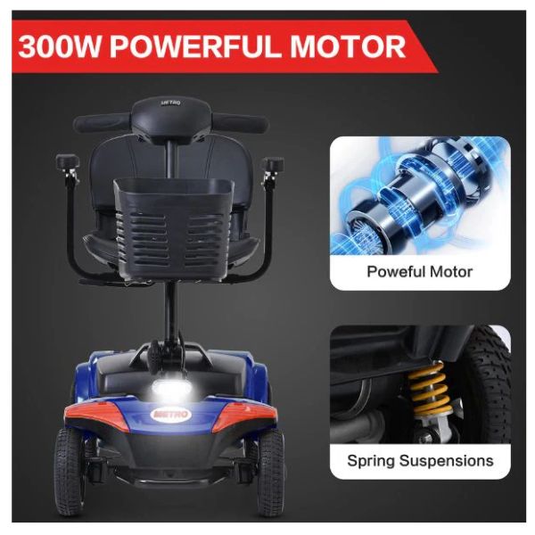 Metro Mobility Elite Portable Mobility Scooter Showing the Headlight, Motor and Spring Suspension