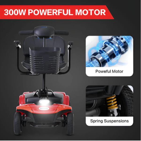 Metro Mobility Elite Portable Mobility Scooter Showing the Motor, Headlight and Spring Suspension