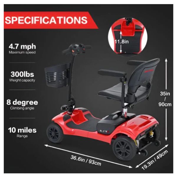 Metro Mobility Elite Portable Mobility Scooter in Red Specifications