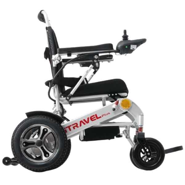 iTravel Plus Folding Electric Wheelchair By Metro Mobility Side View Silver Color