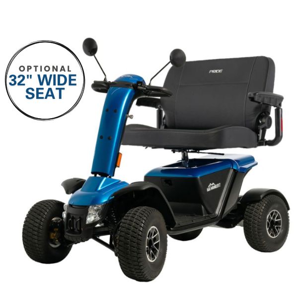 Pride Baja Wrangler 2 Wide Seat All-Terrain Mobility Scooter in Blue with Wide Seat Text