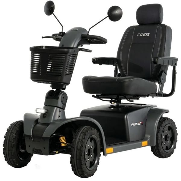A sleek matte grey Pride Mobility Pursuit 24 Wheel Mobility Scooter, perfect for getting around with ease and style.