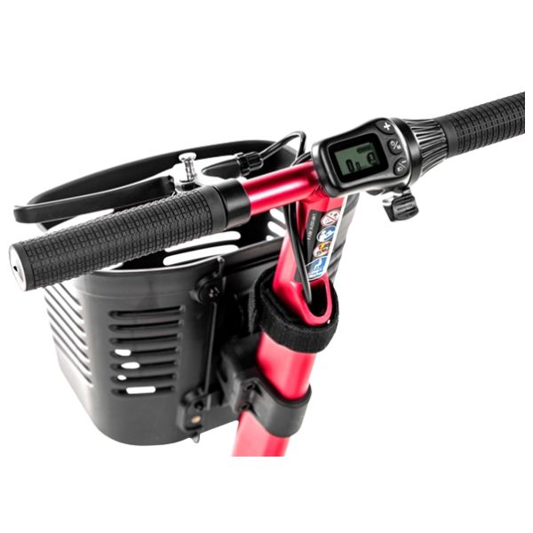 Pride Mobility iRide 2 Ultra Lightweight Scooter Raspberry  Color Tiller and Basket View