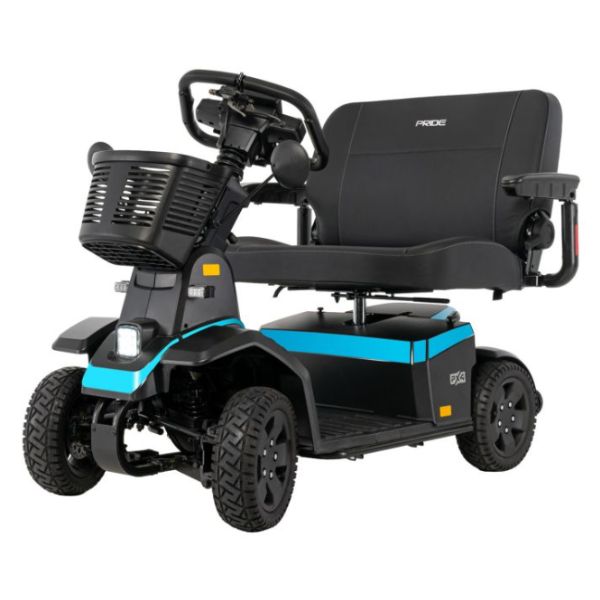 Pride PX4 Wide Seat mobility scooter with blue accents on a white background