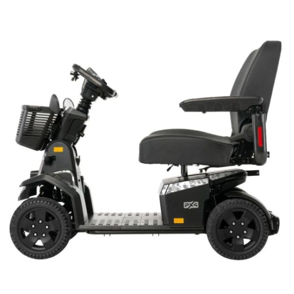 Pride PX4 Wide Seat mobility scooter with a basket on a white background