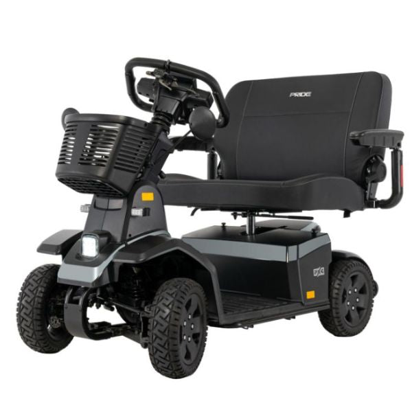 Pride PX4 Wide Seat mobility scooter with a seat and basket on a white background