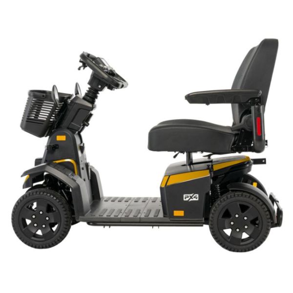 Pride PX4 Wide Seat mobility scooter with yellow accent and a basket on a white background