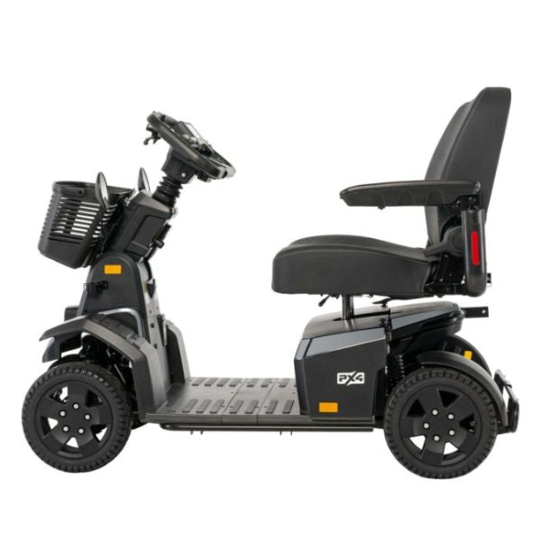 Pride PX4 Wide Seat mobility scooter with a basket on a white background