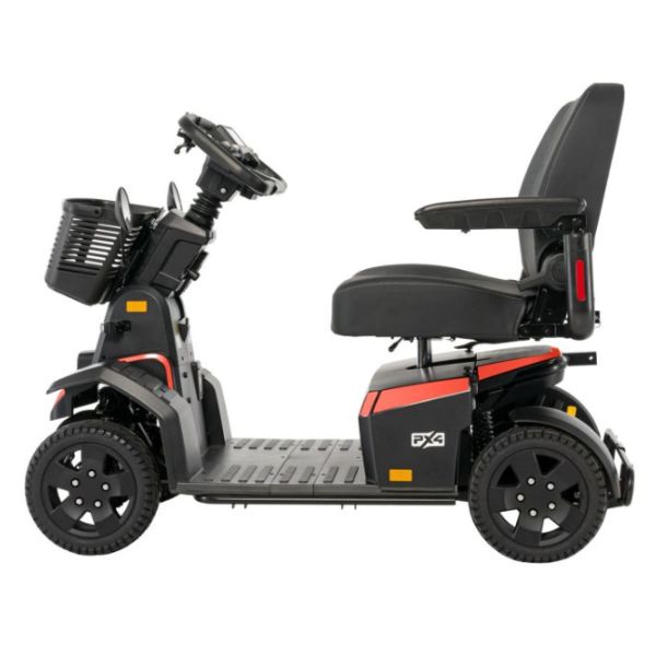 Pride PX4 Wide Seat mobility scooter with a red accent and basket on a white background
