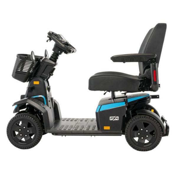 Pride PX4 Wide Seat mobility scooter with a blue accent and basket on a white background
