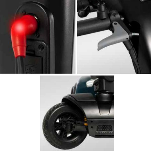 Pride Victory Platinum Showing the Charging Port, Tiller Adjustable Switch and Suspension