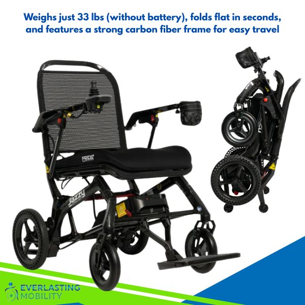 Pride Jazzy Ultra Light Folding Power Wheelchair in Black and Folding POsition