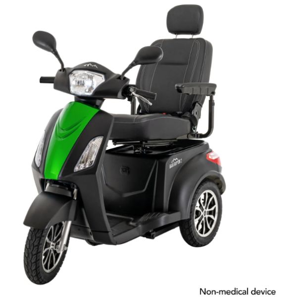 Pride Mobility 3-Wheel Scooter Baja Raptor 2 Black Color with Green Machine Shroud Color