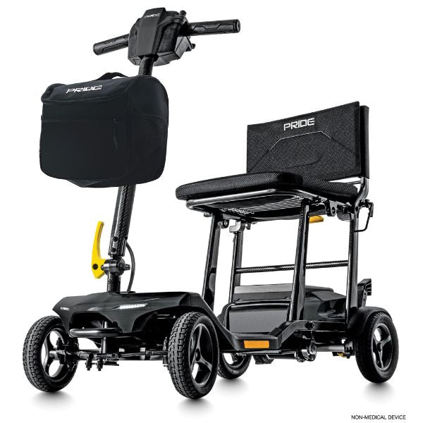 Pride Mobility Go-Go Super Folding Travel Mobility Scooter SC15 Black Color with Front Bag View