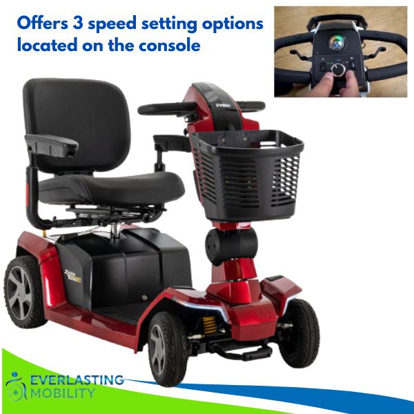 Pride Mobility Zero Turn 10  4-Wheel Mobility Scooter Showing the Display