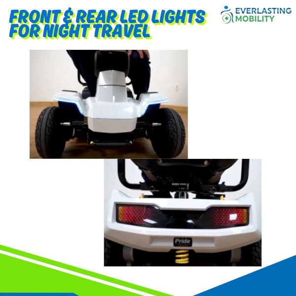 Pride Mobility Zero Turn 10  4-Wheel Mobility Scooter Showing the Front and Rear LED Lights