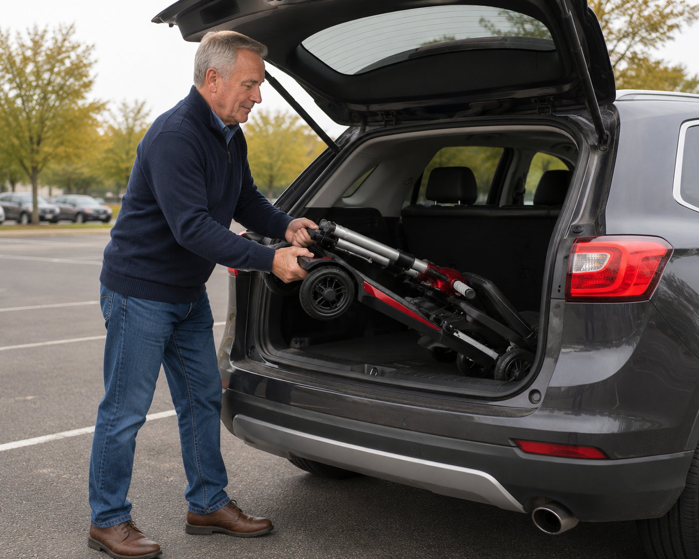 A man in a navy sweater and blue jeans is loading a Enhance Mobility Mobifree Folding 4-Wheel Mobility Scooter into the open trunk of a dark gray SUV in a parking lot.