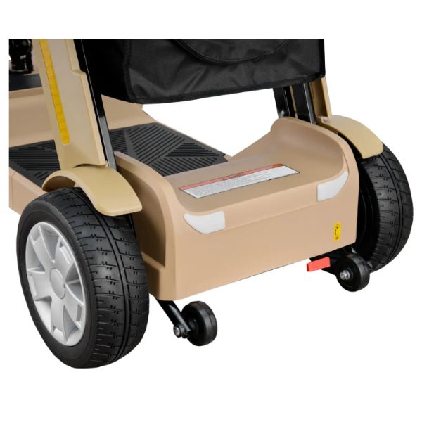 Reyhee Flex 4-Wheel Compact Travel Mobility Scooter Tan Color Rear Tires and Anti-Tip Wheels View
