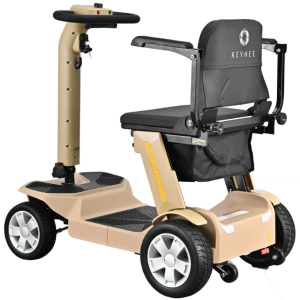 Reyhee Flex 4-Wheel Compact Travel Mobility Scooter Tan Color Right Upside Back View
