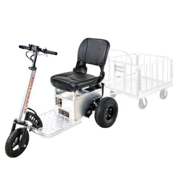 SuperHandy Electric Tugger Tow Tractor Car And Riding Scooter
with a large seat and trailer on a white background