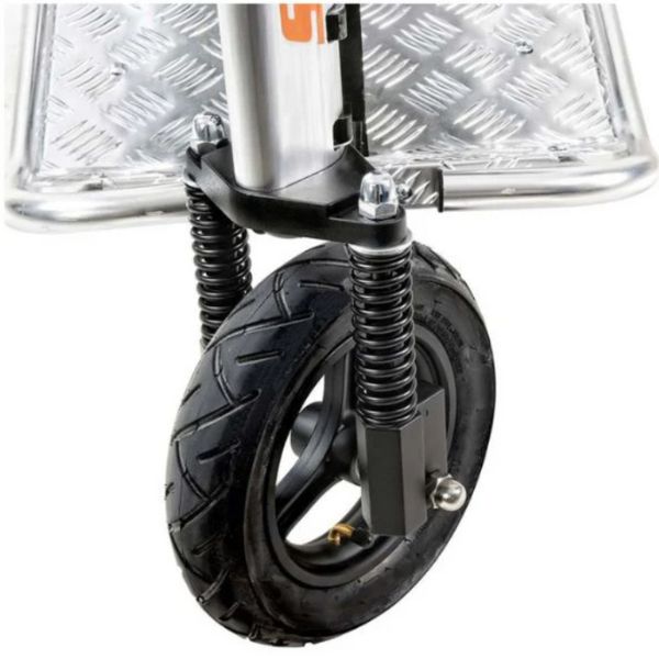 Close-up of a wheel with suspension mechanism on a white background