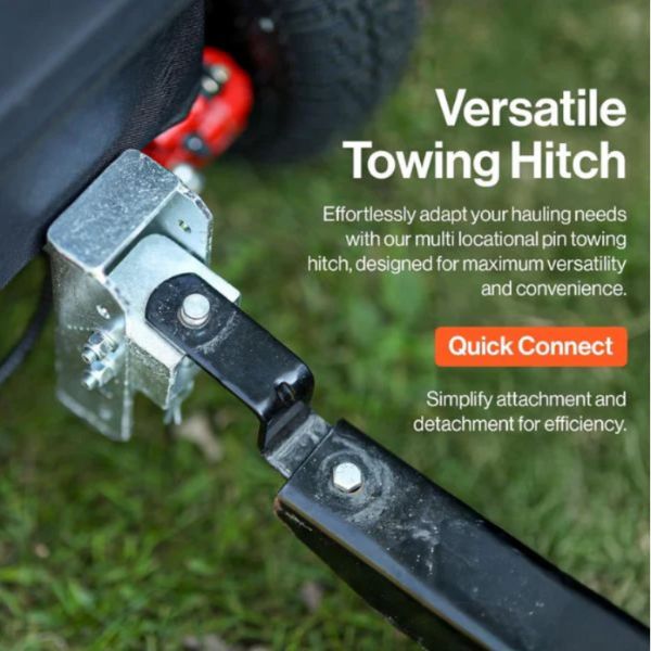 Versatile towing hitch with text on a grassy background