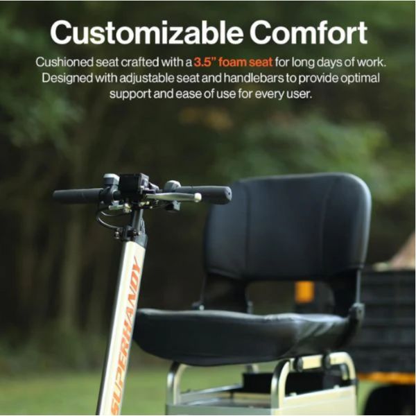 SuperHandy Electric Tugger Tow Tractor Car And Riding Scooter
with a cushioned seat and adjustable features, set against a blurred outdoor background.