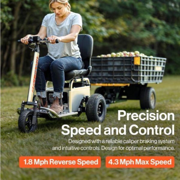 Person riding a SuperHandy Electric Tugger Tow Tractor Car And Riding Scooter with a cart attached, featuring text about speed and control.