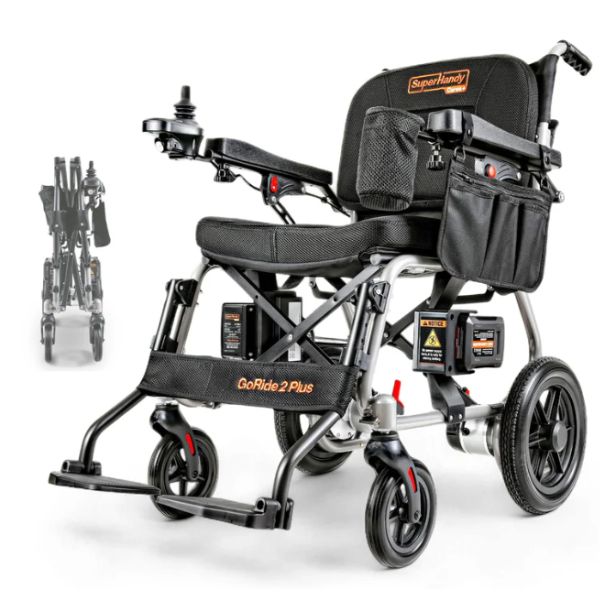 SuperHandy GoRide 2 Foldable Electric Wheelchair with folded legs on a white background
