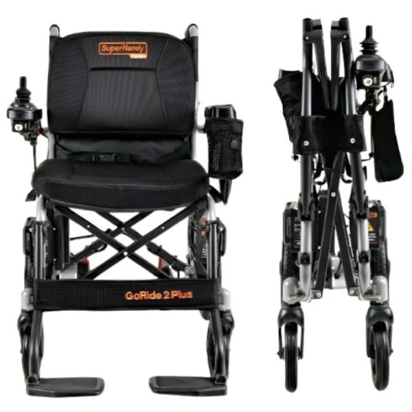GoRide 2 Plus wheelchair with folded legs on a white background