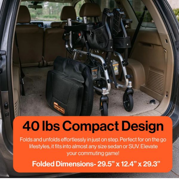 SuperHandy GoRide 2 Foldable Electric Wheelchair storage system in a vehicle with text highlighting weight and dimensions.