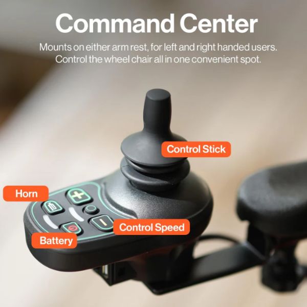 Control stick for SuperHandy GoRide 2 Foldable Electric Wheelchairwith labeled buttons on a blurred background