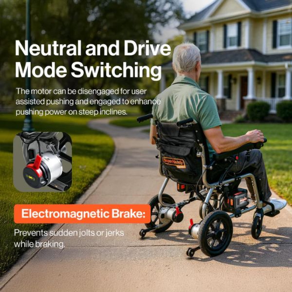 Man using the SuperHandy GoRide 2 Foldable Electric Wheelchair on a sidewalk with text about neutral and drive mode switching and electromagnetic brake.