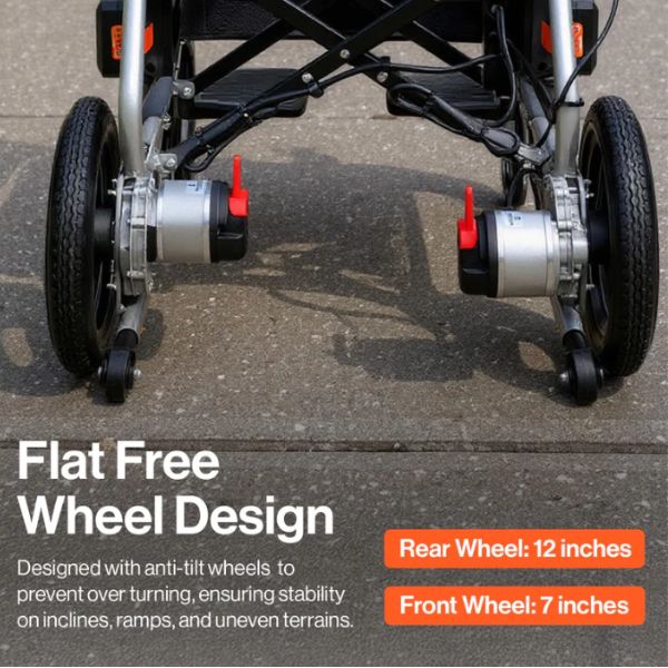 SuperHandy GoRide 2 Foldable Electric Wheelchair with flat-free wheel design on a pavement background