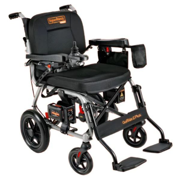 SuperHandy GoRide 2 Foldable Electric Wheelchair with 'SuperHandy' branding on a white background
