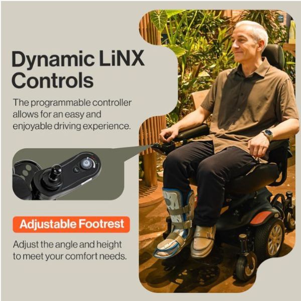 Person using the Superhandy GoRide CRX power wheelchair with Dynamic LiNX Controls and adjustable footrest feature.