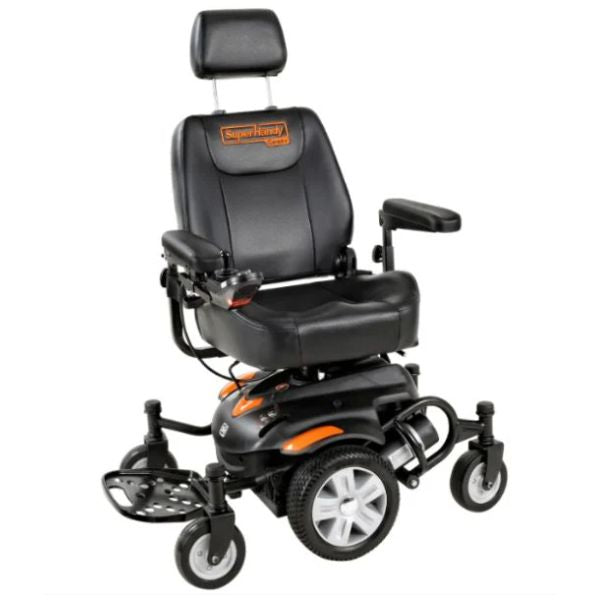 Superhandy GoRide CRX power wheelchair with high-backrest on a white background