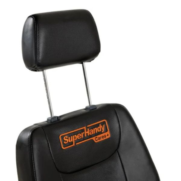SuperHandy GoRide CRX Mid-Wheel Drive Power Wheelchair headrest with &#39;Super Handy&#39; logo on a white background