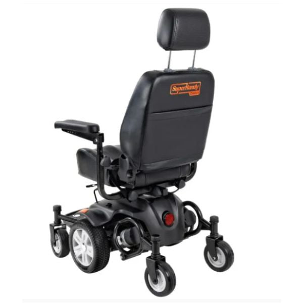 Superhandy GoRide CRX power wheelchair with &#39;SuperHandy&#39; branding on a white background