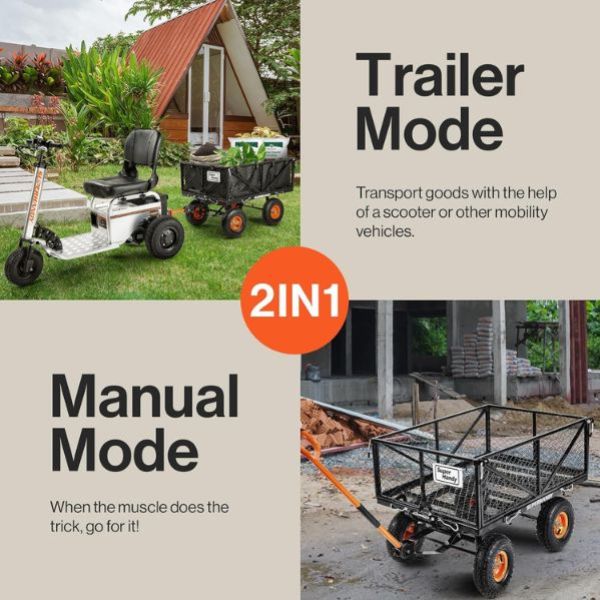 Two modes of a mobility scooter with a cart: Trailer Mode and Manual Mode, with text explaining each.