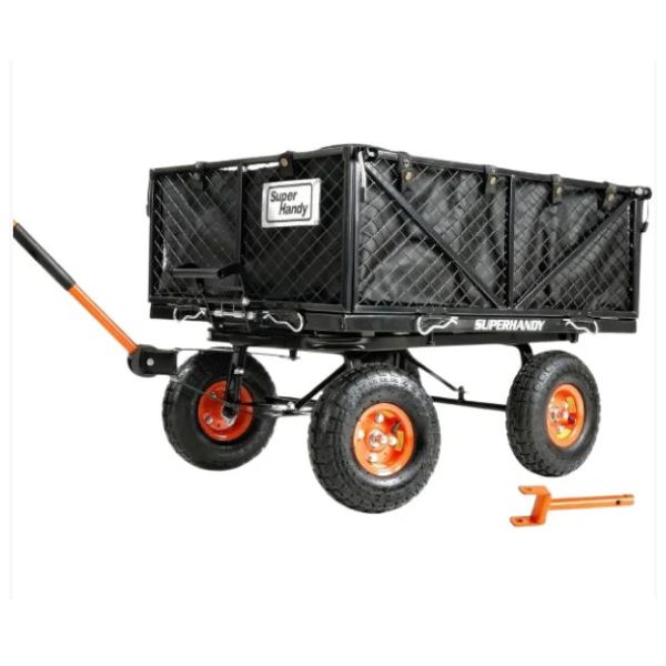 SuperHandy Heavy Duty Garden Dump Cart with orange wheels on a white background