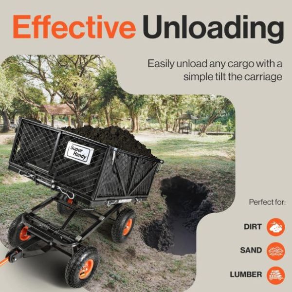SuperHandy Heavy Duty Garden Dump Cart  on a white background with a simple tilt mechanism for effective unloading, used for dirt, sand, and lumber.