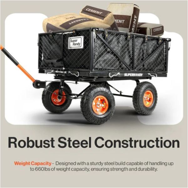 SuperHandy Heavy Duty Garden Dump Cart with &#39;Super Handy&#39; branding carrying bags labeled &#39;Cement&#39;.