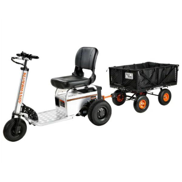 Electric scooter with a seat and attached SuperHandy Heavy Duty Garden Dump Cart  on a white background