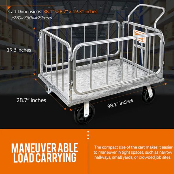 SuperHandy Platform Truck &amp; Heavy-Duty Utility Cart with dimensions labeled in a warehouse setting