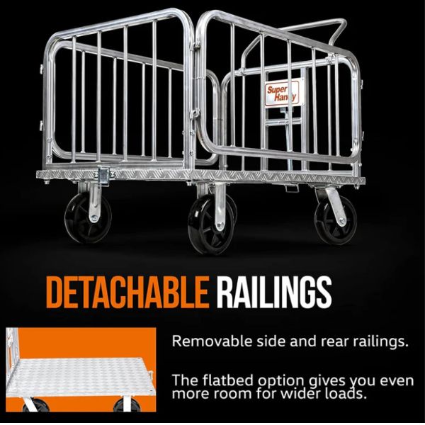 SuperHandy Platform Truck &amp; Heavy-Duty Utility Cart with detachable railings on a black background
