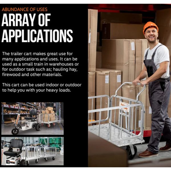 Person using SuperHandy Platform Truck &amp; Heavy-Duty Utility Cart with text about its applications in warehouses and outdoor tasks.