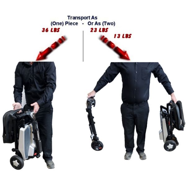 A man holding the Super Light Flight Folding Travel Scooter 