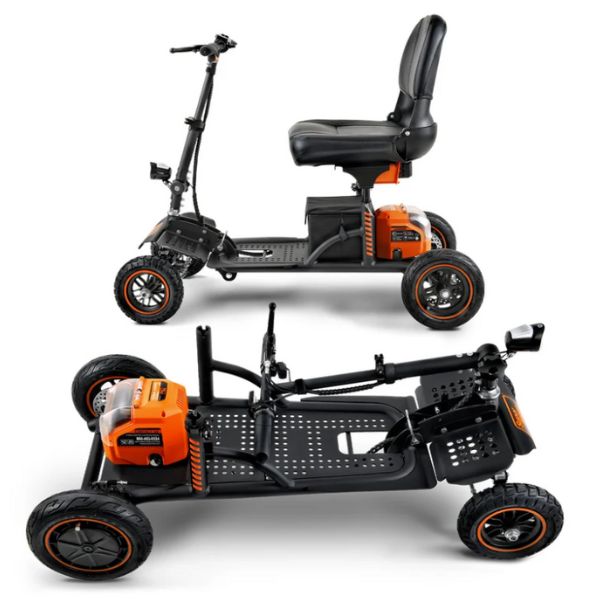 Two views of Superhandy Explorer Heavy-Duty Mobility Scooter with a seat on a white background